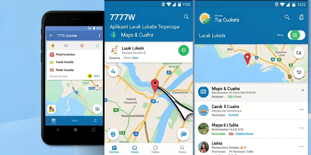 Tampilan antarmuka 7777W yang menampilkan peta dan cuaca terkini.