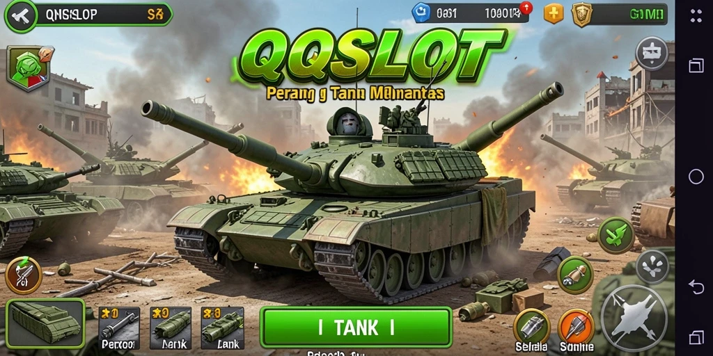 Antarmuka game QQSLOT dengan tampilan tank siap bertempur.