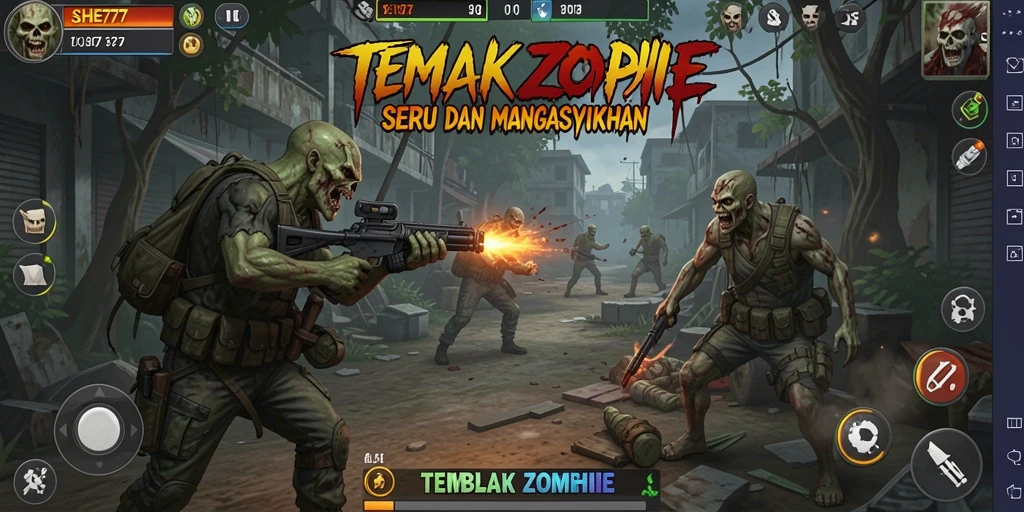 Screenshot SHE777 menampilkan aksi seru menembak zombie.